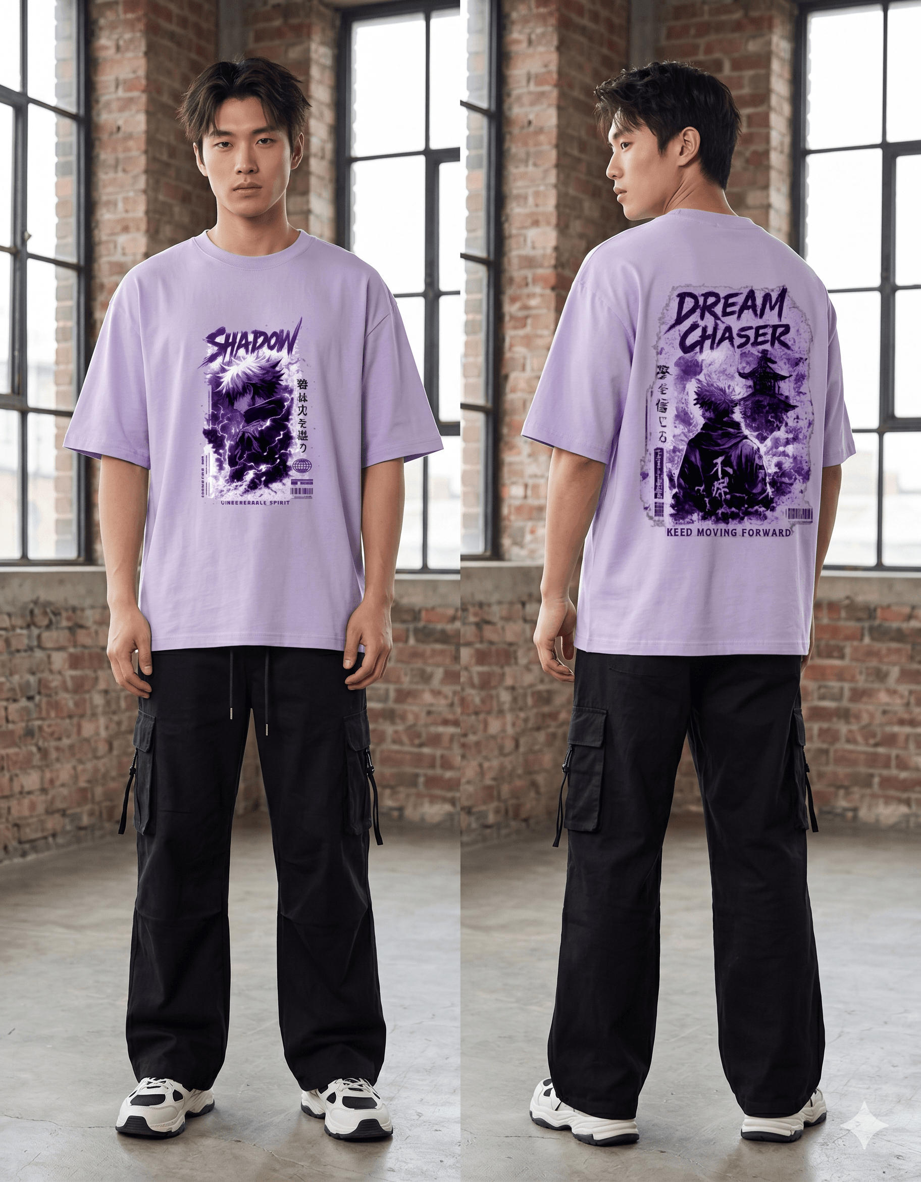 "Shadow & Dream Chaser" Oversized Anime Graphic Tee - Lilac
